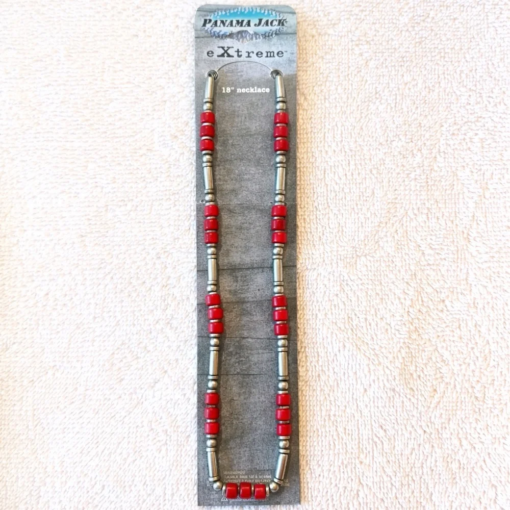 Panama Jack eXtreme 18” Beaded Necklace Red Silver Y2K‎ NOS